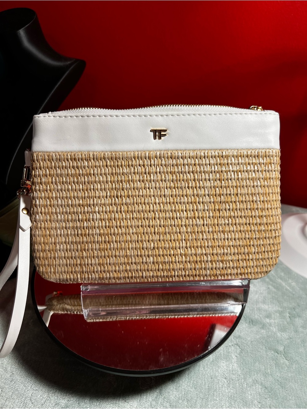 Tom Ford White Leather Trim Natural Straw Wristlet Clutch NWOTS